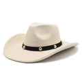 Classic wide brim wool felt fedora hat in beige with decorative gold studded black band - M(56-58cm) / Beige