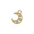 Detailed view of a gold hollow moon pendant with three micro-set clear zircons - Gold Moon