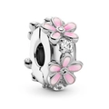 Silver bead charm with pink enamel floral pattern and sparkling cubic zirconia stones - 058-Stopper (Pink Enamel Floral)