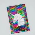 Dettaglio di un taccuino a paillettes reversibili con motivo a unicorno colorato - Unicorno arcobaleno