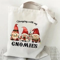Close-up of canvas tote bag with Christmas gnomes and Hanging with my Gnomies print - Humor Gnomies (11) / White