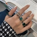 Vintage 925 silver ring set featuring champagne marquise gem and emerald accents - Retro Silver Set (Champagne Marquise + Emerald Square) (J1267) / Adjustable Open