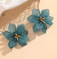 Elegant deep teal acrylic flower earrings with golden core and translucent petals - Teal