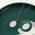 Silver oval titanium steel necklace with September Aster flower engraving on a green tray - September Flower(P1145) / 40cm+5cm / Steel
