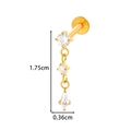 Golden F136 titanium stud with dangling three-piece clear zircon chain and kite crystal - Triple Stone Chain with Kite Charm (T2536-9# Gold)
