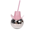 Disco ball cup with pink cowboy hat lid and pink straw for creative party beverage service - 600ml / Pink Cowboy Hat