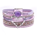 Bracciale bohémien multistrato in pelle viola con cuore di cristallo e chiusura magnetica - Viola