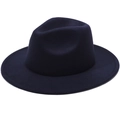 Detail of a navy blue wool felt fedora hat featuring a wide wavy brim and classic crown - Plain Flat Brim Without Rope / Navy Blue