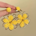 Handmade yellow chiffon flower earrings with golden wire frame and tassel details - 6# Silver Pin - Gold Yellow Wire Flower (HE20419)