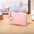 Pink quilted PU leather coin purse with golden zipper and keychain holder for women - Pink