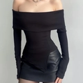 Schmal geschnittenes schwarzes schulterfreies Strickoberteil mit asymmetrischem Saum - S / Schwarz