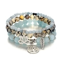 Three-piece bohemian beaded bracelet set with turquoise stones and silver charms - Aquamarine Dragon Vein Agate
