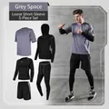 Men's 5-piece grey and black athletic compression gear set for running and gym training - S / Top And Bottom (Loose Patchwork) / Gray