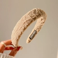 Handmade beige textured fabric wide headband with stylish wrinkled finish for women - Khaki