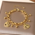 Double-layer gold stainless steel heart bracelet with horse relief and beads - Heart Horse Head Relief Rhinestone Style (KB203690-Z)