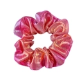 Detail showing the pink metallic fabric hair scrunchie with holographic glitter texture - Metallic Holographic / Pink