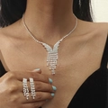 Elegant silver waterdrop rhinestone jewelry set with long tassel necklace and earrings - Streamline Long Earring Necklace Set (DTN14026188S)
