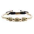 Bracciale a sfere dorate regolabile con cubi in zircone verde e cordino nero - Zircone Verde Triplo Tondo Oro