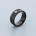Polished black stainless steel feather pattern ring with a single round white crystal stone - US 8 / Black