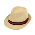 Beige linen fedora for kids with a black and red ribbon band for sun protection - Beige