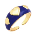 Deep blue enamel copper open ring with golden heart accents and adjustable band - Dark Blue - Embossed Heart