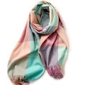 Elegant plaid scarf with pink and blue pastel stripes and fringe details in soft cashmere style - 180cm / Green Purple