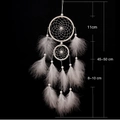 White handmade dream catcher with feathers and beads on black background, 11cm diameter - Double Ring / White