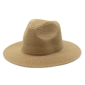 Détail macro du tissage en paille naturelle et texture d'un chapeau de soleil fedora - M(56-58cm) / Kaki