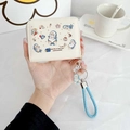 Cute beige cat wallet with shark animal illustrations and matching woven wrist strap - Whale Cat + Lanyard + Pendant