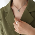 Silver double-layer necklace with green emerald pendant and wide band ring - Necklace-Green Zirconia-40+5cm / Steel