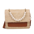 Sac de plage en paille avec poignée en perles et poche en cuir PU marron chic - Marron