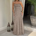 Elegant taupe long camisole A-line dress with floral jacquard texture and slender straps - S / Khaki