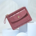 Dusty pink faux crocodile leather card holder with zipper pocket and metal snap button - Watermelon red
