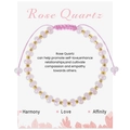 Adjustable rose quartz beaded bracelet with gold accents displayed on a gift card - Rose Quartz Bracelet