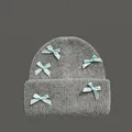 Chic dark grey knitted beanie featuring five soft blue satin bows in coquette style - One Size / Grey/Blue Bow