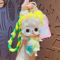 Cute cartoon doll keychain featuring blonde curls, rabbit hat and striped dress on lanyard - Yellow
