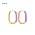 Detailed macro view of U-shaped gold plated earrings with purple enamel drip oil finish - Purple