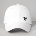 Classic white cotton baseball cap with black heart embroidery in a 45-degree angle view - One Size / White