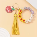 Colorful acrylic bead bracelet keychain with apple wood pendant and yellow tassel - Yellow Tassel Style
