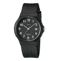 Close-up of black quartz watch with rubber strap, date window and 50M water resistance - Waterproof Black Case Black Face