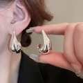 Minimalist silver water drop earrings with polished metal curve and artistic geometric design - Full Mirror Water Drop Hoop (47#)