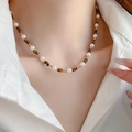Elegant beaded necklace with white pearls, brown tiger eye stones and gold spacers - 27# Necklace - Gold-White-Brown (Alternating Pearl and Tiger Eye Style)