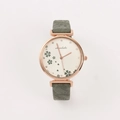 Classic vintage ladies quartz watch with green leather strap and rose gold clover dial - Green