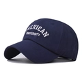 Detailed close-up of white American University 3D embroidery on a navy cotton baseball cap - Adjustable / Navy Blue
