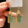 Vintage gold and teal teardrop tassel earrings with S925 silver needle and rhinestones - Style 66# Ear Hook-Gold-Green