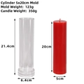 Cylindrical acrylic candle mold with red wax pillar 5x20cm and measurement details - Cylinder 5x20cm