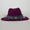 Ethnic style deep purple wool fedora hat with turquoise beads and woven tassel band - M(56-58cm) / Burgundy