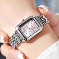 Elegant rectangular quartz watch for women with pink sunray dial and silver steel band - Silver / Pink Dial