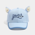 Detailed close-up of sky blue baby baseball cap featuring cute cat embroidery and 3D ears - 52cm (2-5 Years) / Blue
