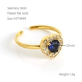 Verstelbare 18k vergulde roestvrijstalen ring met een hartvormige blauwe zirkoon - Blauw Hart (ZR586G-04)
